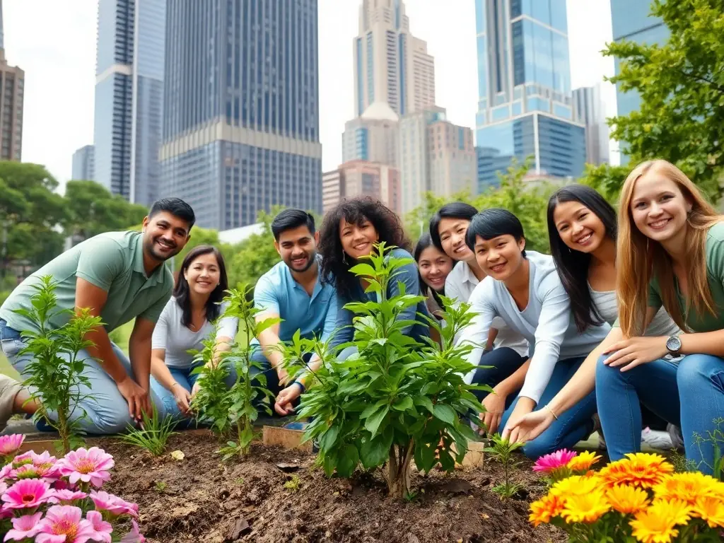 A diverse group of church members joyfully participating in a community service event, cleaning up a local park and planting trees, symbolizing their commitment to environmental stewardship and community betterment.