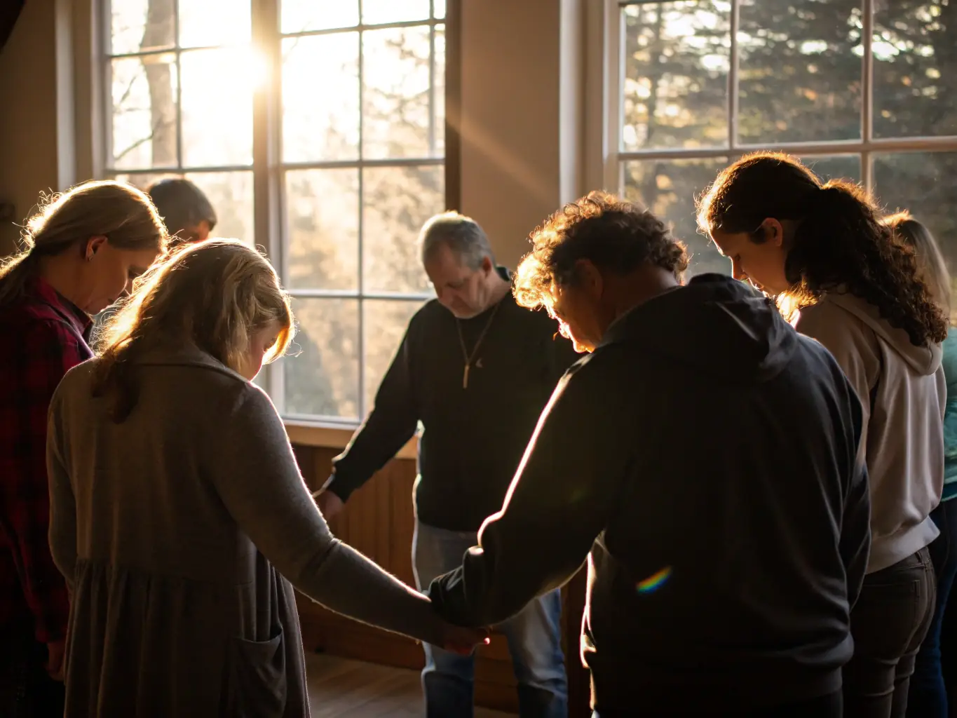 A warm and inviting scene of a church prayer meeting, with people of all ages and backgrounds gathered in a circle, holding hands and praying together, symbolizing unity and spiritual connection.