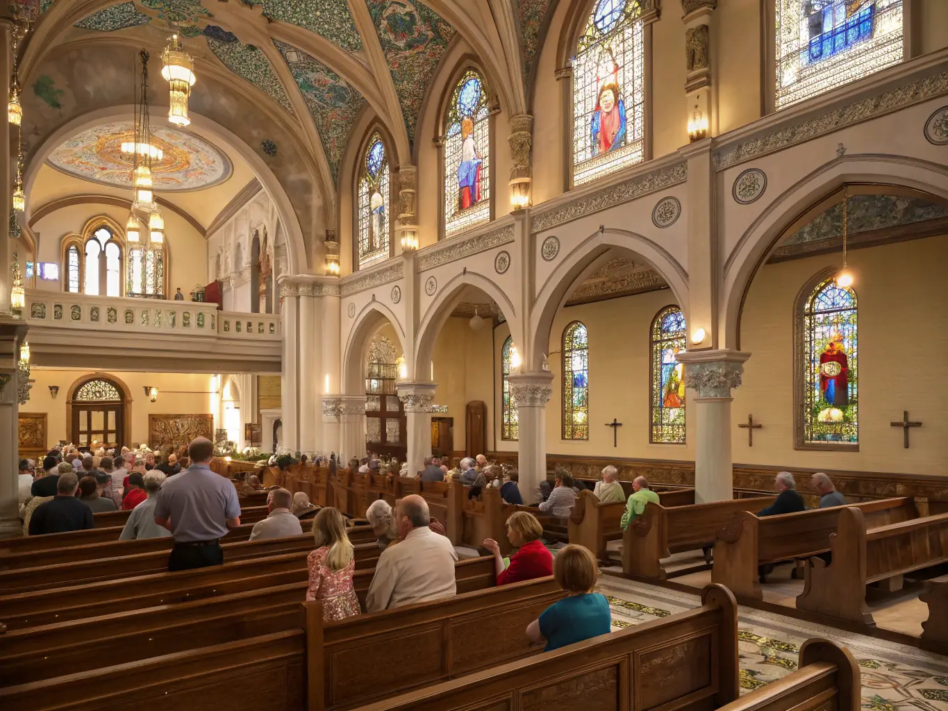 A photograph capturing a vibrant Sunday worship service at Work For Jesus Church, showing congregants of all ages engaged in prayer and song.