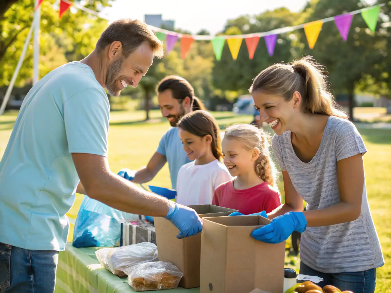 A heartwarming image of a family receiving assistance from the church's charity event, with volunteers handing out food and supplies, showcasing the church's commitment to supporting families in need.